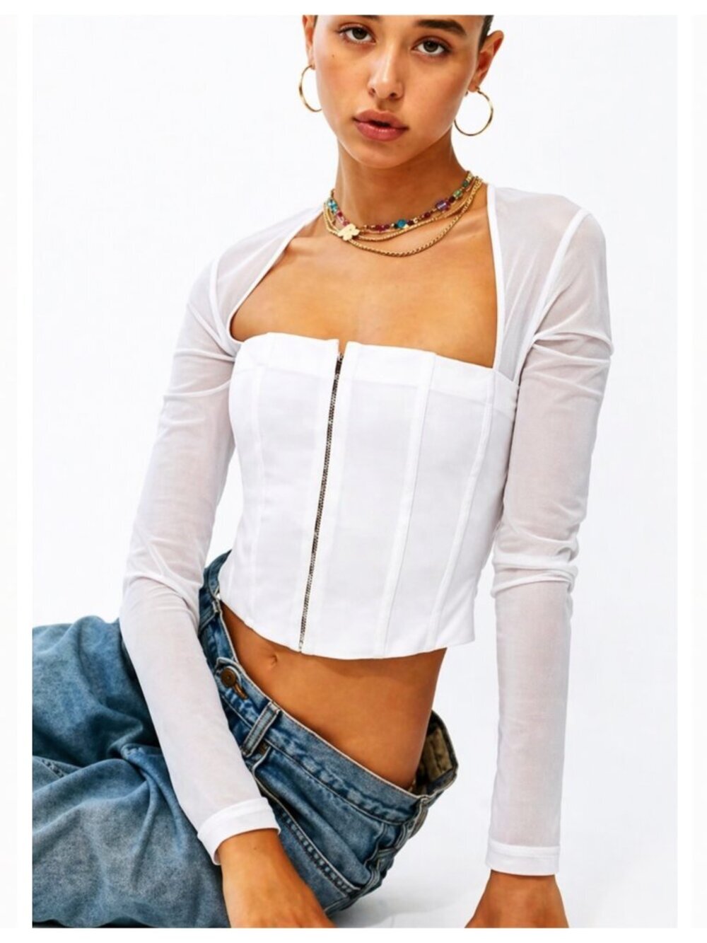 WITH JEAN White Al Long Sleeve White Mesh Corset Top